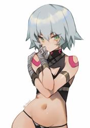Rule 34 | 1girl, armband, bandaged arm, bandages, black panties, blush, breasts, closed mouth, contrapposto, fate/apocrypha, fate (series), grey hair, hair between eyes, halterneck, hands up, jack the ripper (fate/apocrypha), looking at viewer, navel, olys, panties, scar, scar across eye, scar on face, short hair, simple background, small breasts, solo, standing, tsurime, underwear, upper body, white background