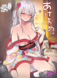 Rule 34 | 1girl, absurdres, akeome, alternate costume, breasts, cheese (cheese koubou), cleavage, commentary request, drunk, facial scar, floral print, flower, gangut (kancolle), grey hair, hair flower, hair ornament, happy new year, highres, japanese clothes, jar, kantai collection, kimono, large breasts, long hair, medium breasts, new year, red eyes, scar, scar on cheek, scar on face, sitting, solo, tashkent (kancolle), translation request, wariza, white kimono