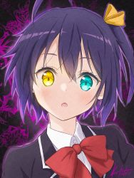 Rule 34 | 1girl, :o, absurdres, ahoge, black background, blush, bow, bowtie, chuunibyou demo koi ga shitai!, collared shirt, commentary request, dress shirt, hair between eyes, hair ribbon, heterochromia, highres, looking at viewer, one side up, open mouth, portrait, purple background, red bow, red bowtie, ribbon, shirt, short hair, signature, solo, takanashi rikka, white shirt, yellow ribbon