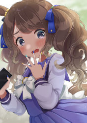 Rule 34 | 1girl, animal ears, blue bow, blue nails, blurry, blurry background, blush, bow, brown hair, cellphone, commentary request, depth of field, grey eyes, hair bow, hands up, highres, holding, holding phone, horse ears, horse girl, horse tail, long hair, looking at viewer, masshirokachi, multicolored nails, nail polish, open mouth, phone, pleated skirt, purple sailor collar, purple shirt, purple skirt, sailor collar, school uniform, shirt, skirt, solo, tail, tosen jordan (umamusume), tracen school uniform, twintails, umamusume, wavy mouth, white bow, yellow nails