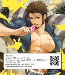 Rule 34 | 1boy, abs, alternate costume, bara, beard, blue eyes, body hair, boots, brown hair, chiizu namasu, condom wrapper, english text, facial hair, fate/grand order, fate (series), highres, large pectorals, long sideburns, looking at viewer, male focus, muscular, napoleon bonaparte (fate), nipples, open clothes, pants, pectorals, scar, solo, underwear
