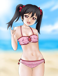 Rule 34 | 1girl, artist name, artist request, bare legs, bare shoulders, beach, bikini, black hair, blue sky, blurry, blurry background, blush, bow, breasts, cloud, collarbone, diamond (gemstone), female focus, flat chest, flower print, frilled bikini, frills, hair between eyes, hair bow, half-closed eyes, highres, long hair, looking at viewer, love live!, love live! school idol project, m/, ocean, outdoors, parted lips, pink bikini, red bow, red eyes, short hair, short twintails, side-tie bikini bottom, sky, small breasts, smile, solo, swimsuit, twintails, yazawa nico