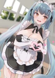 Rule 34 | 1girl, absurdres, animal ears, apron, black dress, blue hair, blush, breasts, cat ears, cat tail, cleavage, dress, elbow gloves, fake animal ears, fake tail, gloves, goddess of victory: nikke, gucchiann, heart, highres, large breasts, legwear garter, light blue hair, long hair, looking to the side, maid, maid headdress, neck bell, official alternate costume, open mouth, paw hair ornament, privaty (nikke), privaty (unkind maid) (nikke), solo, tail, thighhighs, twintails, very long hair, white apron, white gloves, white thighhighs, yellow eyes