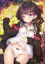 Rule 34 | 1girl, absurdres, black skirt, blush, bow, bow panties, breasts, brown hair, cameltoe, cardigan, cleavage, collarbone, commentary request, day, flower, gluteal fold, grass, hair between eyes, hair ribbon, highres, long sleeves, looking at viewer, lying, medium breasts, neckerchief, on back, open clothes, original, outdoors, panties, plaid, plaid ribbon, purple eyes, red neckerchief, red ribbon, ribbon, school uniform, shirt, short hair, side ponytail, skirt, skirt around one leg, sleeves past wrists, solo, tonchan, underwear, white panties, white shirt, zipper pull tab
