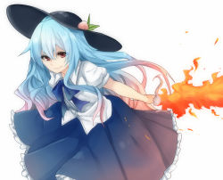 Rule 34 | 1girl, blue hair, bow, flaming sword, flaming weapon, food, fruit, gradient hair, hat, hinanawi tenshi, multicolored hair, peach, pink hair, puffy sleeves, red eyes, shirt, short sleeves, simple background, skirt, smile, solo, sword of hisou, touhou, white background, yuya (night lily)