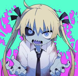 Rule 34 | 1girl, black nails, black necktie, black sclera, blue eyes, blue skin, collared shirt, colored sclera, colored skin, dirty, dirty clothes, hair between eyes, hair ribbon, highres, kill me baby, looking at viewer, mismatched sclera, necktie, open mouth, ribbon, saliva, sharp teeth, shirt, short sleeves, simple background, solo, sonya (kill me baby), teeth, twintails, upper body, white shirt, yachima tana