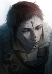 Rule 34 | 1other, androgynous, apex legends, bloodhound (apex legends), blue eyes, brown jacket, cable, daichi midori, facepaint, hair behind ear, hair between eyes, jacket, looking ahead, realistic, red hair, scar, short hair, v-shaped eyebrows, white background