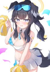 Rule 34 | 1girl, absurdres, animal ears, bare shoulders, black hair, blue archive, blush, breasts, cheerleader, cleavage, cowboy shot, crop top, dog ears, dog girl, dog tail, eyewear on head, goggles, goggles on head, halo, hibiki (blue archive), hibiki (cheer squad) (blue archive), highres, holding, holding pom poms, large breasts, long hair, looking at viewer, medium breasts, midriff, millennium cheerleader outfit (blue archive), miniskirt, navel, nonddu, open mouth, pleated skirt, pom pom (cheerleading), pom poms, ponytail, skirt, solo, sticker on face, tail, white skirt