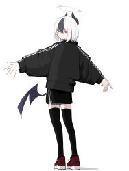 Rule 34 | 1girl, \||/, absurdres, alternate costume, alternate hairstyle, amagasa mike, black jacket, black skirt, black thighhighs, blue archive, bright pupils, closed mouth, demon wings, double-parted bangs, from behind, grey hair, grey halo, hair between eyes, halo, highres, jacket, kayoko (blue archive), long sleeves, looking at viewer, looking back, low wings, multicolored hair, red footwear, shadow, shoes, short hair, side slit, simple background, single wing, skirt, sneakers, solo, thighhighs, track jacket, two-tone hair, white background, white hair, white pupils, wings, zettai ryouiki