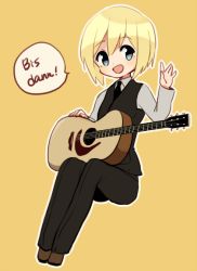 Rule 34 | 1girl, :d, acoustic guitar, bad id, bad link, bad twitter id, black pants, blonde hair, blue eyes, erica hartmann, german text, guitar, instrument, kodamari, long sleeves, open mouth, orange background, outline, pants, short hair, simple background, smile, solo, speech bubble, strike witches, translated, vest, world witches series