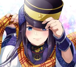 Rule 34 | 1girl, 310 (satopoppo), ainu clothes, asirpa, bandana, black hair, black hat, blue eyes, cosplay, earrings, golden kamuy, hat, hoop earrings, jewelry, long hair, long sleeves, military hat, scarf, simple background, solo, striped clothes, striped scarf, sugimoto saichi, sugimoto saichi (cosplay), upper body, wrist cuffs, yellow hat, yellow scarf