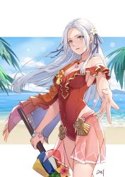 Rule 34 | 1girl, absurdres, bare shoulders, beach, blue sky, breasts, cleavage, closed umbrella, covered navel, cowboy shot, da-cart, day, edelgard von hresvelg, fire emblem, fire emblem: three houses, fire emblem heroes, flower, forehead, frilled one-piece swimsuit, frills, hair ribbon, highres, holding, holding umbrella, long hair, looking at viewer, medium breasts, nintendo, ocean, off-shoulder one-piece swimsuit, off shoulder, official alternate costume, one-piece swimsuit, orange flower, outdoors, parted lips, purple eyes, purple ribbon, red one-piece swimsuit, ribbon, short sleeves, sky, solo, standing, swimsuit, thighs, umbrella, very long hair, water, white hair