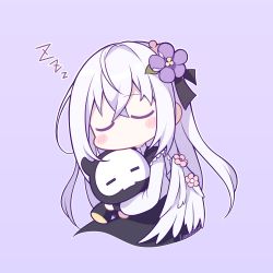 Rule 34 | 1girl, angel wings, azusa (blue archive), black dress, blue archive, blush, closed eyes, dress, flower, hair flower, hair ornament, highres, hug, lanubis, low wings, simple background, sleeping, solo, stuffed toy, white hair, white wings, wings, zzz