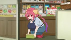 Rule 34 | 1girl, animated, anime screenshot, apron, blue shirt, box, breast rest, breasts, candy, cleavage, close-up, dragon girl, dragon horns, food, holding, holding box, horns, huge breasts, ilulu (maidragon), indoors, kobayashi-san chi no maidragon, long hair, looking at viewer, pants, pointy ears, red eyes, red hair, screencap, shirt, shoes, shortstack, slit pupils, solo, squatting, twintails, video, walking