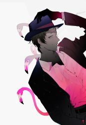 Rule 34 | 1boy, adachi tooru, arm up, belt, bird, black belt, black hair, black jacket, blue hat, collared shirt, commentary, english commentary, flamingo, grey background, grey eyes, hand in pocket, hand on headwear, hat, jacket, kaninn, long sleeves, looking at viewer, male focus, open clothes, open jacket, open mouth, persona, persona 4, pink shirt, shirt, short hair, simple background, solo, twitter username, upper body