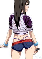 Rule 34 | 10s, 1girl, ass, back, black hair, blush, bracelet, brown hair, commentary request, cowboy shot, crop top, cropped jacket, denim, denim shorts, dimples of venus, from behind, green eyes, highleg, highleg panties, idolmaster, idolmaster cinderella girls, jacket, jewelry, long hair, microphone, midriff, o-ring, o-ring bottom, panties, parted lips, profile, purple panties, shibuya rin, shiny skin, short shorts, shorts, simple background, skindentation, solo, standing, suna (sandworks), thigh gap, thighs, thong, underwear, whale tail (clothing), white background, wireless