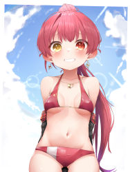 Rule 34 | 1girl, absurdres, aged down, bikini, blush, breasts, hair ribbon, heterochromia, highres, hololive, houshou marine, houshou marine (summer), large breasts, long hair, looking at viewer, open mouth, pepushi drow, ponytail, red eyes, red hair, ribbon, smile, solo, swimsuit, virtual youtuber, yellow eyes