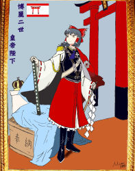 Rule 34 | absurdres, adapted costume, austrian flag, boots, bow, cape, cross, crown, dress, hair bow, hakurei reimu, highres, iron cross, medal, military, military uniform, mitsui (pp1924), prussian blue, shrine, solo, touhou, uniform