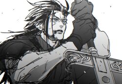 Rule 34 | 1boy, armor, black gloves, black hair, blood, blood on face, blue eyes, buster sword, crisis core final fantasy vii, final fantasy, final fantasy vii, gloves, hair slicked back, highres, holding, holding sword, holding weapon, inuue15, long hair, male focus, parted lips, shoulder armor, sketch, solo, spot color, sword, upper body, weapon, white background, zack fair