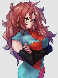 Rule 34 | 1girl, android 21, black nails, blue eyes, breasts, checkered clothes, checkered dress, crossed arms, dragon ball, dragon ball fighterz, dress, earrings, fingernails, grey background, heterochromia, hoop earrings, jewelry, kemachiku, large breasts, long hair, nail polish, red eyes, red hair, simple background, solo