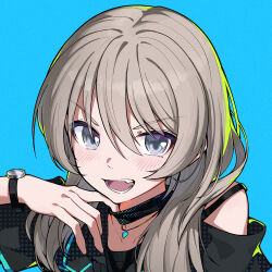 1girl black_choker blue_background blush bra_strap chinese_commentary choker choker_pull clothing_cutout commentary_request fang girls_band_cry grey_eyes grey_hair hair_between_eyes highres jewelry kawaragi_momoka long_hair looking_at_viewer necklace open_mouth portrait shoulder_cutout simple_background solo teeth watch wristwatch yun_cao_bing