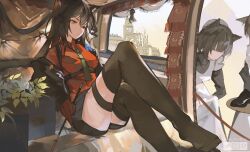 Rule 34 | 3girls, absurdres, animal ears, apron, arknights, artist name, between breasts, black hair, black jacket, black shorts, black thighhighs, breasts, car interior, closed mouth, cmdr saturn, commentary, crossed legs, english commentary, gloves, green necktie, highres, holding, jacket, long hair, long sleeves, looking afar, maid, maid apron, medium breasts, multiple girls, necktie, necktie between breasts, no shoes, off shoulder, orange eyes, red gloves, red shirt, shirt, shorts, sitting, texas (arknights), thighhighs, white apron