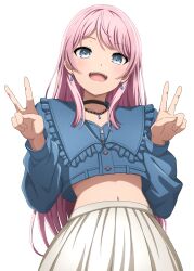 Rule 34 | 1girl, :d, absurdres, bang dream!, bang dream! it&#039;s mygo!!!!!, blue eyes, blue jacket, blush, buttons, chain necklace, chihaya anon, collarbone, commentary request, cowboy shot, crop top, crop top overhang, double v, earrings, fang, frilled jacket, frills, hands up, high-waist skirt, highres, jacket, jewelry, long hair, long sleeves, looking at viewer, midriff, navel, necklace, noshimurin, open mouth, pendant, pink hair, pleated skirt, sidelocks, simple background, skirt, smile, solo, standing, stomach, swept bangs, teeth, upper teeth only, v, very long hair, white background, white skirt, zipper, zipper pull tab