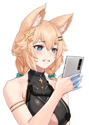 Rule 34 | agemmata, animal ear fluff, animal ears, armband, black leotard, blonde hair, blue eyes, blue skin, braid, breasts, cat ears, cat girl, cellphone, choppy bangs, cleavage cutout, clothing cutout, colored skin, cowlick, double-parted bangs, extra ears, eyeliner, facial tattoo, fangs, hair ornament, hairclip, highres, holding, holding phone, kaneko lumi, kaneko lumi (4th costume), large breasts, leotard, light frown, looking at phone, makeup, meme, parody, phase connect, phone, pink eyeliner, self-upload, short braid, sidelocks, smartphone, star (symbol), star hair ornament, tattoo, twin braids, virtual youtuber, white background, wince