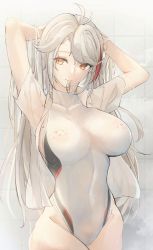 Rule 34 | 1girl, absurdres, antenna hair, arms behind head, arms up, azur lane, bandaid, bandaids on nipples, blush, breasts, closed mouth, collared shirt, competition swimsuit, covered erect nipples, covered navel, dress shirt, female pubic hair, hair down, highleg, highleg swimsuit, highres, large breasts, long hair, looking at viewer, mole, mole on breast, multicolored hair, one-piece swimsuit, open clothes, open shirt, orange eyes, pasties, prinz eugen (azur lane), pubic hair, red hair, see-through, shirt, short sleeves, silver hair, smile, streaked hair, swept bangs, swimsuit, wet, white one-piece swimsuit, white shirt, yusha m