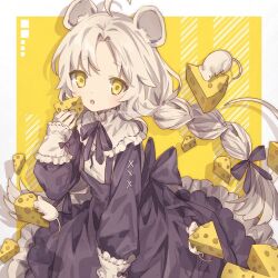 Rule 34 | 1girl, :o, ahoge, animal, animal ears, back bow, black bow, black dress, black ribbon, border, bow, braid, cheese, commentary, cross-laced clothes, cross-laced sleeves, dress, drop shadow, expressionless, food, frilled dress, frilled sleeves, frills, grey hair, hair ribbon, hand up, holding, holding food, layered sleeves, long hair, long sleeves, looking at viewer, mouse (animal), mouse ears, mouse girl, mouse tail, neck ribbon, neoki ohae, open mouth, original, outside border, pinstripe dress, pinstripe pattern, ribbon, sleeves past wrists, solo, striped, symbol-only commentary, tail, tress ribbon, twin braids, twintails, twitter username, very long hair, watermark, white border, white ribbon, yellow background, yellow eyes, yellow ribbon