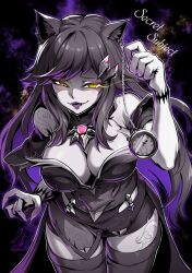 Rule 34 | 1girl, animal ears, bare shoulders, breasts, brooch, cat ears, cat girl, claws, cleavage, dress, ebiblue, eyeshadow, fangs, gesugao, greyscale, highres, jewelry, large breasts, long hair, makeup, monochrome, original, pocket watch, purple eyeshadow, purple lips, short dress, slit pupils, smile, solo, spot color, thighhighs, thighs, watch, yellow eyes