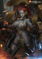 Rule 34 | 1girl, alien, armor, battlesuit, black gloves, blue skin, breasts, brown leotard, cleavage, colored skin, commentary, covered abs, detached collar, english commentary, fang, gloves, grin, headgear, highres, large breasts, leotard, medium hair, no nose, paid reward available, piloting, plunging neckline, power armor, projectile trail, red hair, revealing clothes, sagging breasts, sgt lonely, smile, solid eyes, solo, t&#039;au, teeth, thick thighs, thigh strap, thighs, warhammer 40k, yellow eyes