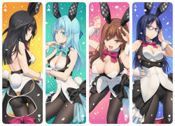 Rule 34 | 4girls, ace (playing card), ace of clubs, ace of diamonds, ace of hearts, ace of spades, agatsuma kaede, alice gear aegis, animal ears, ass, black eyes, black hair, black legwear, blue bow, blue eyes, blue hair, bow, brown eyes, brown hair, closed mouth, club (shape), detached collar, diamond (shape), fake animal ears, fake tail, half updo, heart, leotard, multiple girls, ochanomizu mirie, open mouth, pantyhose, pinakes, pink bow, playboy bunny, playing card, rabbit ears, rabbit pose, rabbit tail, spade (shape), tail, usamoto anna, wrist cuffs
