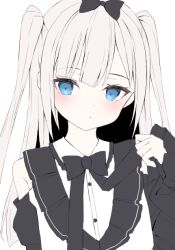 1girl bare_shoulders black_bow black_bowtie blue_eyes bow bowtie closed_mouth light_blush long_hair looking_at_viewer original shirt simple_background solo unfinished upper_body usamiusamimii white_background white_hair white_shirt