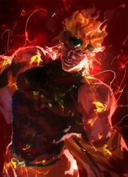 Rule 34 | 1boy, bare shoulders, black shirt, blonde hair, closed mouth, commentary request, dio brando, grin, headband, heart, highres, jojo no kimyou na bouken, korean commentary, looking at viewer, male focus, muscular, pants, red background, red eyes, sanpaku, shirt, signature, smile, solo, standing, stardust crusaders, undressing, upper body, yd (orange maru), yellow pants