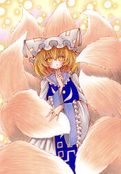 Rule 34 | 1girl, absurdres, animal ears, animal hat, blonde hair, blue tabard, blush, commentary, fox tail, hat, highres, kitsune, long sleeves, looking at viewer, medium hair, mob cap, multiple tails, open mouth, slit pupils, solo, tabard, tail, touhou, wide sleeves, yakumo ran, yellow eyes, yuuki hana (jtnp5334)