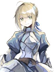 Rule 34 | 1girl, ahoge, armor, armored dress, artoria pendragon (all), artoria pendragon (fate), blonde hair, blue dress, blue ribbon, brown corset, closed mouth, corset, dress, ezu (e104mjd), fate/grand order, fate (series), green eyes, grey armor, hair between eyes, hair bun, hair ribbon, highres, juliet sleeves, long sleeves, looking to the side, puffy sleeves, ribbon, saber (fate), short hair, sidelocks, simple background, smile, solo, standing, v-shaped eyebrows, white background