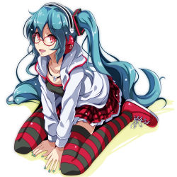 Rule 34 | 1girl, :d, alternate eye color, between legs, black shirt, blue hair, blue nails, collarbone, glasses, hand between legs, hatsune miku, headphones, highres, hood, hood down, hooded jacket, jacket, jewelry, long hair, looking at viewer, miniskirt, nail polish, necklace, open clothes, open jacket, open mouth, plaid, plaid skirt, pleated skirt, project diva (series), red-framed eyewear, red eyes, red footwear, red skirt, shirt, shoes, simple background, sitting, skirt, smile, sneakers, solo, striped clothes, striped thighhighs, thighhighs, tsukishiro saika, very long hair, vocaloid, wariza, white background, white jacket, zettai ryouiki