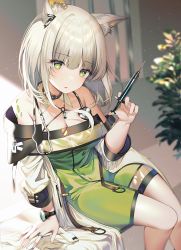 Rule 34 | 1girl, animal ear fluff, animal ears, arknights, arm support, bare legs, bare shoulders, black choker, blurry, blurry background, breasts, choker, cleavage, depth of field, dress, green dress, green eyes, hand up, jacket, kal&#039;tsit (arknights), kinty, looking at viewer, material growth, medium breasts, medium hair, off shoulder, open clothes, open jacket, oripathy lesion (arknights), parted lips, plant, silver hair, sitting, sleeveless, sleeveless dress, solo, spaghetti strap, stethoscope, syringe, watch, white jacket, wristwatch