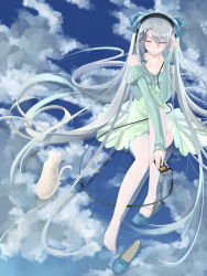 Rule 34 | bow, cloud, closed eyes, feet, hair bow, headphones, highres, no shoes, okingjo, original, reflection, shoe dangle, shoes, silver hair, single shoe, sky, solo, thighhighs, toes, water