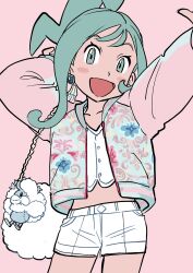 Rule 34 | 1girl, :d, ahoge, altaria, alternate costume, bag, blush, buttons, character doll, commentary, cowboy shot, creatures (company), cropped shirt, earrings, elizabeth (tomas21), eyelashes, eyeshadow, game freak, gen 3 pokemon, green eyes, green hair, handbag, happy, highres, jacket, jewelry, lisia (pokemon), long sleeves, looking at viewer, makeup, nintendo, open clothes, open jacket, open mouth, pink background, pink eyeshadow, pokemon, pokemon oras, shirt, short shorts, shorts, sidelocks, simple background, smile, solo, white bag, white shirt, white shorts