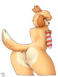 Rule 34 | 1girl, animal crossing, ass, blonde hair, body fur, cleft of venus, closed mouth, eyebrows, furry, furry female, green eyes, highres, isabelle (animal crossing), marblesoda, nintendo, nude, pussy, simple background, solo, tail, white background