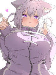 Rule 34 | 1girl, :3, absurdres, animal ear fluff, animal ears, blush, breasts, cat ears, commentary request, grey background, hands up, heart, heart-shaped pupils, highres, holding, hololive, jacket, large breasts, long sleeves, looking at viewer, medium hair, nekomata okayu, nekomata okayu (membership), open mouth, purple eyes, purple hair, purple jacket, purple nails, simple background, sleeves past wrists, smile, solo, symbol-shaped pupils, upper body, virtual youtuber, yunon oto mad