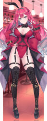 Rule 34 | 1girl, absurdres, animal ears, bar (place), bar stool, black footwear, black hairband, boots, bottle, breasts, coat, covered navel, cross-laced footwear, drill hair, baobhan sith (fate), fake animal ears, fang, fang out, fate/grand order, fate (series), full body, garter straps, gradient hair, grey eyes, grey hair, hair intakes, hairband, hand on own hip, highres, huangyouxingren, indoors, large breasts, leotard, long hair, long sleeves, multicolored hair, nontraditional playboy bunny, overcoat, pink hair, playboy bunny, playing with own hair, pointy ears, quad drills, rabbit ears, red coat, red leotard, red nails, sidelocks, solo, standing, stool, thigh boots, very long hair