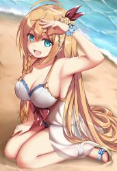 Rule 34 | 1girl, ahoge, aqua eyes, babydoll, bare shoulders, beach, bikini, blonde hair, blush, braid, breasts, cleavage, commentary request, day, flower, from side, hair flower, hair ornament, hairband, large breasts, long hair, looking at viewer, midriff, open mouth, pecorine (princess connect!), pecorine (summer) (princess connect!), princess connect!, ribbon, ribucci, rose, sand, sandals, side braid, single braid, sitting, solo, swimsuit, tiara, toes, water, white bikini, yellow flower, yellow rose