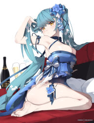 Rule 34 | 1girl, armpits, barefoot, blue dress, blue flower, blue hair, blue ribbon, bottle, breasts, cleavage, closed mouth, cup, dress, drinking glass, feet, flower, frown, goddess of victory: nikke, hair flower, hair ornament, hair ribbon, highres, large breasts, light blue hair, looking at viewer, privaty (banquet princess) (nikke), privaty (nikke), ribbon, sitting, skindentation, solo, sonaworld, thigh strap, thighs, white flower, wine bottle, yellow eyes