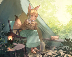 Rule 34 | 1girl, animal ears, bench, blonde hair, blush, brown jacket, chair, closed mouth, commentary, day, fox ears, fox girl, fox tail, green ribbon, green skirt, hair ribbon, head rest, hololive, jacket, kettle, lantern, leaning forward, light rays, long sleeves, looking at viewer, off shoulder, official alternate costume, omaru polka, omaru polka (street casual), outdoors, purple eyes, ribbon, shirt, shoes, short hair, sitting, skirt, smile, solo, tail, tent, tree stump, virtual youtuber, white shirt, xyunx