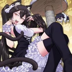 Rule 34 | 1girl, :d, :o, animal ears, black dress, black hair, breasts, brown eyes, cat ears, cat tail, character doll, character request, crossed legs, dai tokyo oniyome-den, dated, dress, feet out of frame, hanafuda jinta, hand in own hair, harayukisodati, highres, medium breasts, miyako (dai tokyo oniyome-den), multiple tails, open mouth, paw print, scratching post, smile, tail, two tails, white dress, yellow background