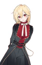 Rule 34 | 1boy, androgynous, arms behind back, belt, black belt, black coat, black pants, blonde hair, bow, coat, ensemble stars!, highres, long sleeves, looking at viewer, male focus, nito nazuna, pants, parted lips, red eyes, red shirt, reminiscence marionette (ensemble stars!), rrrrrrr 1619, shirt, solo, teeth, white background, white bow