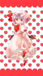 Rule 34 | 1girl, ascot, bad id, bad pixiv id, bat wings, brooch, dress, female focus, food, fruit, gradient hair, hat, hat ribbon, jewelry, multicolored hair, open mouth, pink dress, pink hair, puffy sleeves, purple hair, red eyes, red footwear, remilia scarlet, ribbon, shoes, short sleeves, solo, strawberry, touhou, umebayashi saki, wings
